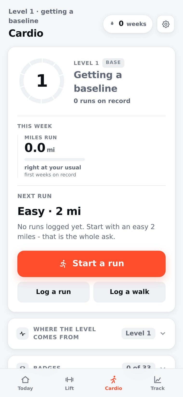 Train, the Cardio tab