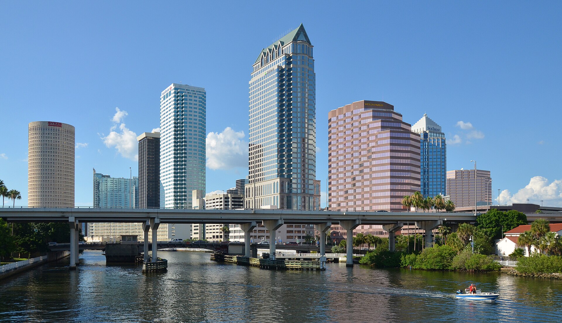 The downtown Tampa skyline seen across the water.