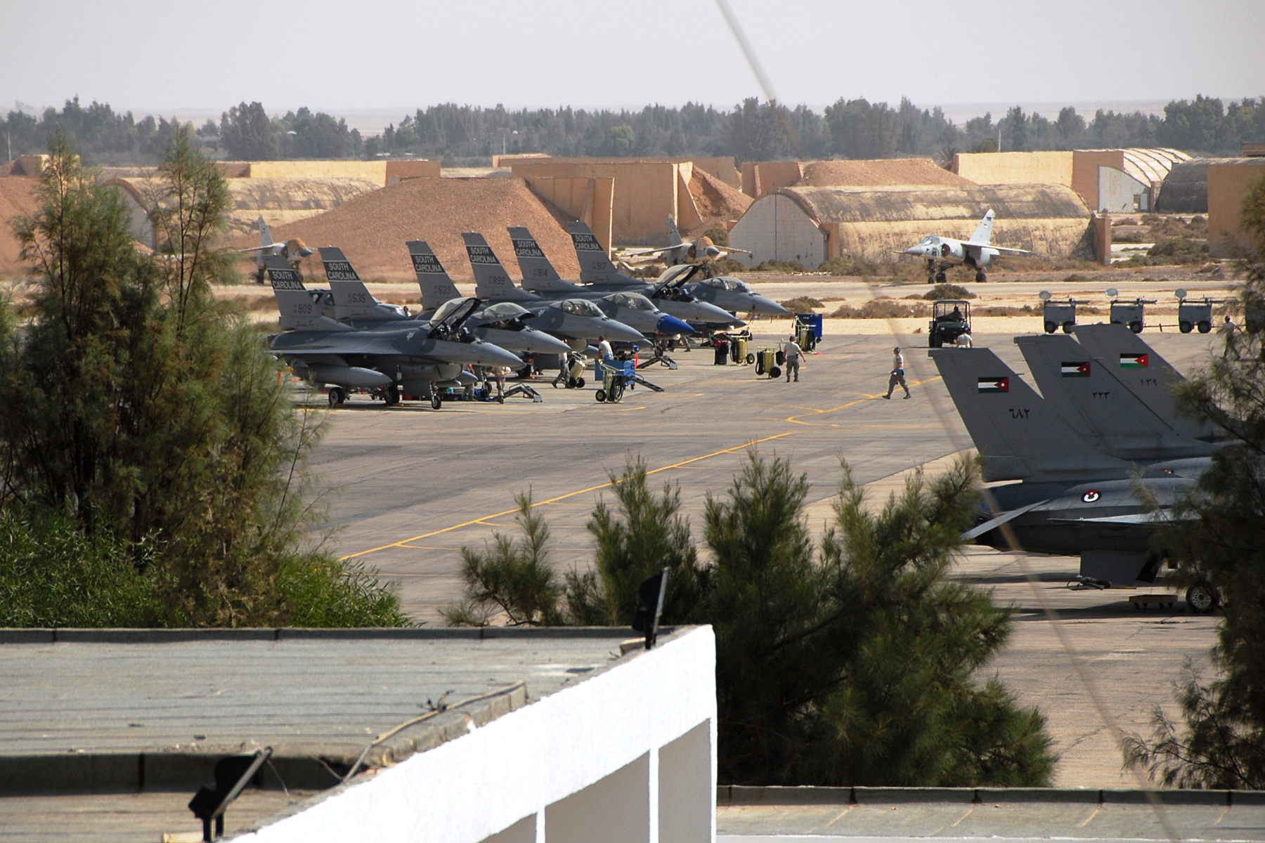 F-16 Fighting Falcons parked on the flight line at Muwaffaq Salti Air Base in Azraq, Jordan