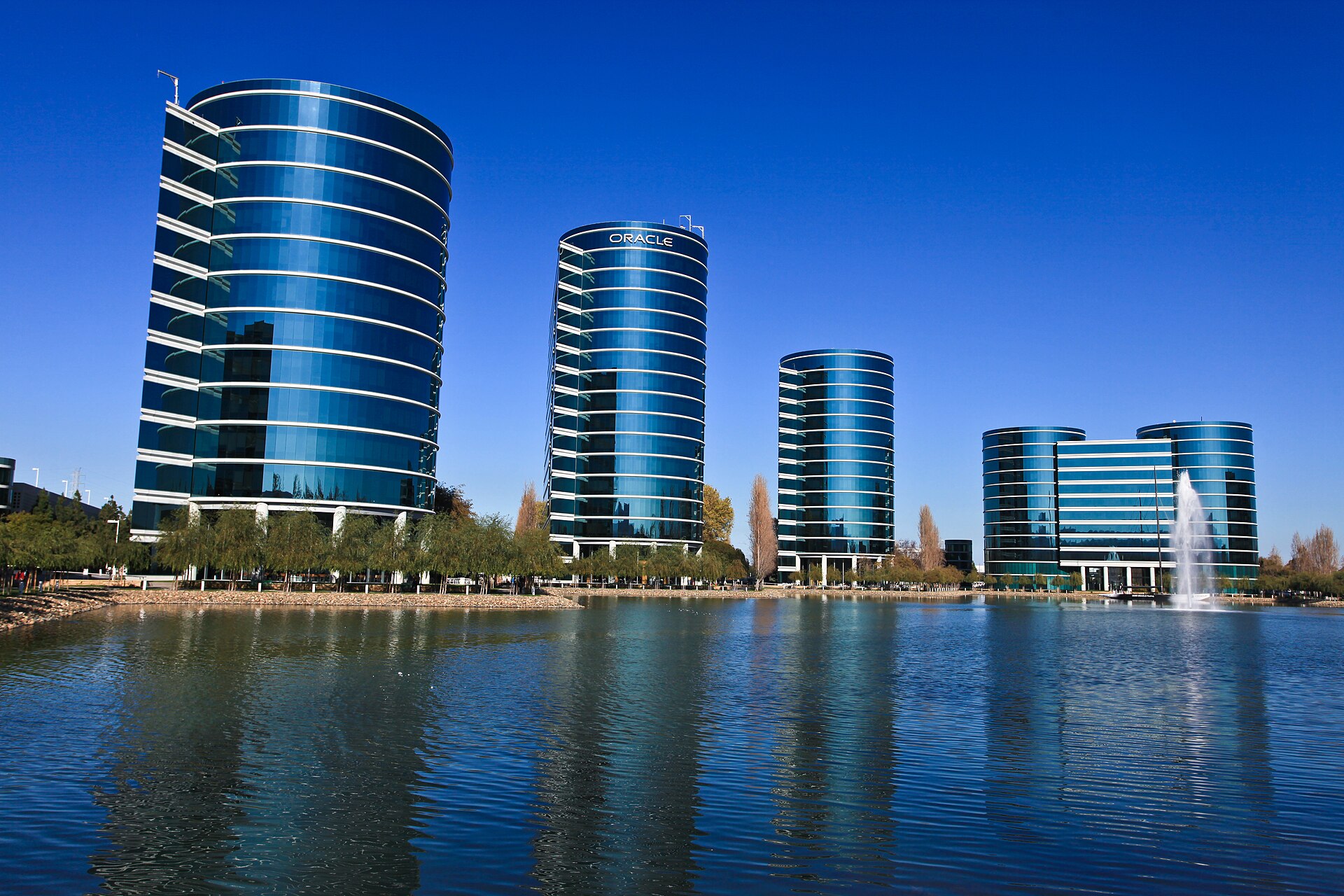 Oracle's cylindrical office towers at Redwood Shores, California