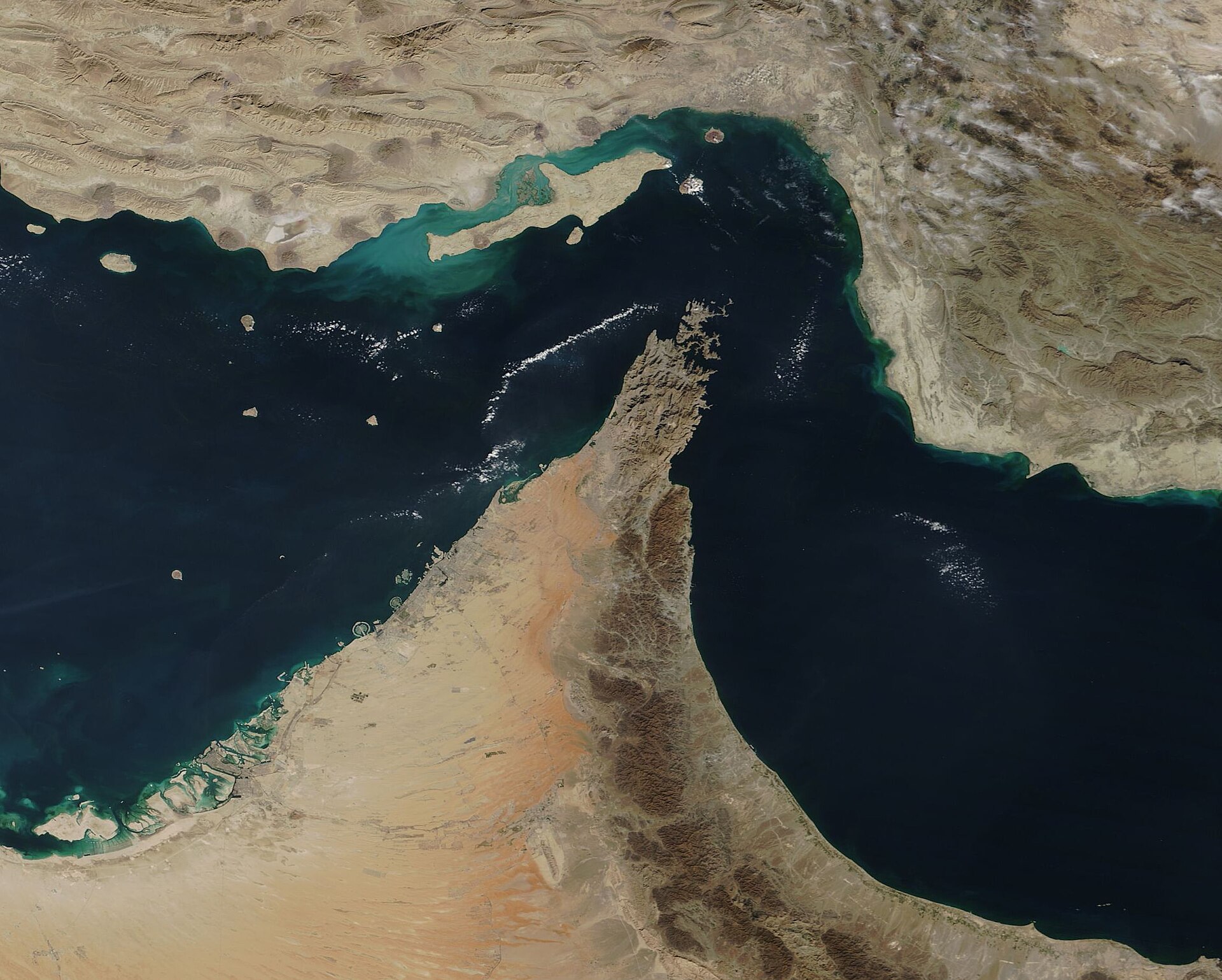 Satellite view of the Strait of Hormuz and the Musandam Peninsula