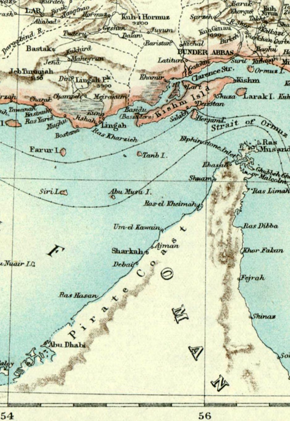 Satellite view of the Strait of Hormuz between Iran and Oman.