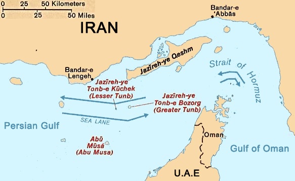 Satellite view of the Strait of Hormuz between Iran and Oman's Musandam Peninsula