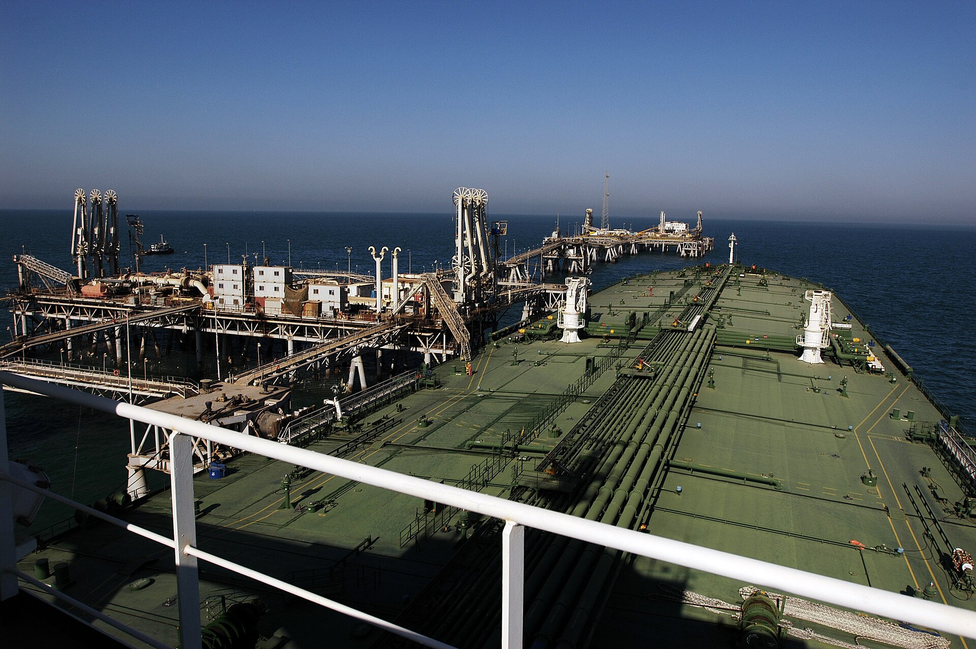 An oil tanker taking on crude at a terminal in the Persian Gulf
